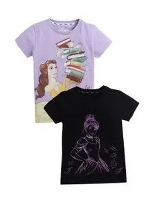 KINSEY Girls Lavender & Black Set Of 2 Printed Pure Cotton T-shirt