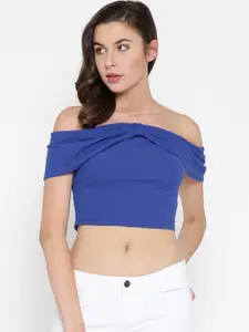 Veni Vidi Vici Women Blue Self-Design Crop Bardot Top