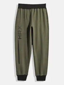 HRX by Hrithik Roshan Boys Olive Green & Black Brand Logo Detail Cotton Lifestyle Joggers