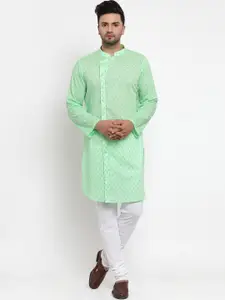 NEUDIS Men Green Angrakha Pure Cotton Kurta with Churidar