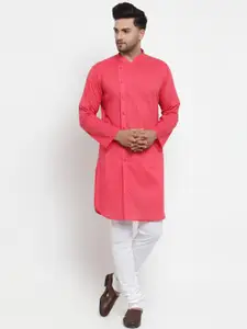 NEUDIS Men Pink Angrakha Pure Cotton Kurta with Churidar