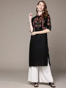 Ishin Women Black Ethnic Motifs Embroidered Kurta