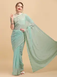 Sangria Sea Green & Cream-Coloured Ethnic Motifs Embroidered Silk Blend Saree