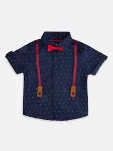 Pantaloons Baby Boys Navy Blue Printed Cotton Casual Shirt with Suspenders