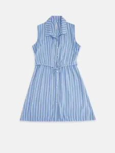 Pantaloons Junior Girls Blue & White Striped Cotton A-Line Dress