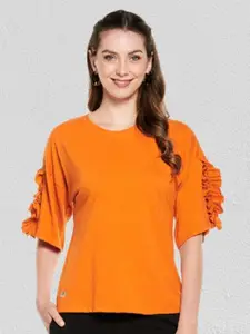 UNMADE Rust Orange Drop shoulder Sleeves Ruffles Pure Cotton Knitted Top