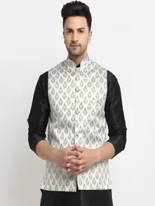 Kaifoo Men Black & Off-White Woven Design Nehru Jacket.