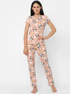 Sweet Dreams Women Peach-Coloured & White Printed Night Suit