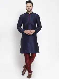 Kaifoo Men Navy Blue & Maroon Solid Kurta with Pyjamas