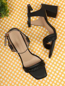 ICONICS Women Black Textured Block Heels with Buckles