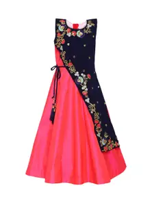 Aarika Girls Red & Navy Blue Floral Maxi Sleeveless Gown