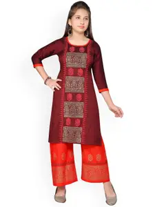 Aarika Girls Maroon Ethnic Motifs Pure Cotton Kurta with Skirt & With Dupatta