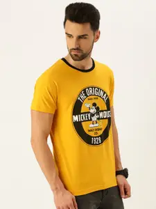 VEIRDO Men Yellow Mickey Mouse Typography Printed Cotton T-shirt
