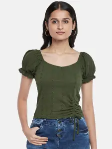 People Women Olive Green Self Design Sweetheart Neck Pure Cotton Regular  Top