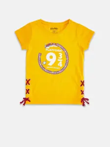 Pantaloons Junior Girls Mustard Yellow Typography Printed Cotton T-shirt