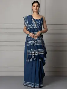 Geroo Jaipur Blue & Grey Zari Pure Silk Bagru Saree