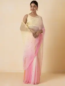Geroo Jaipur Yellow & Pink Ethnic Motifs Sequinned Pure Chiffon Saree