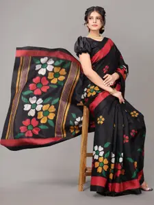 Yashika Black & Red Floral Printed Art Silk Saree