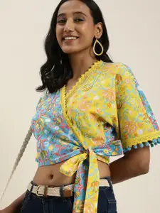 Taavi Blue & Yellow Tropical Print Extended Sleeves Block Print Pure Cotton Wrap Crop Top