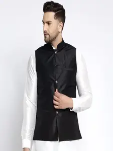 Kaifoo Men Black Solid Woven Nehru Jacket
