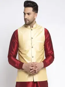 Kaifoo Men Gold-Coloured Solid Woven Nehru Jackets