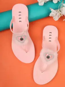 ELLE Women Pink & White Embellished Thong Flip-Flops