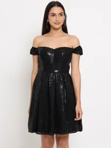 MARC LOUIS Black Sequined Off-Shoulder Georgette Dress