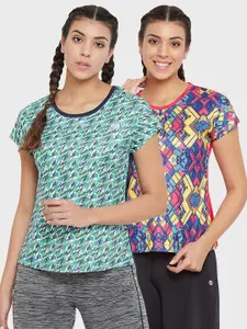Clovia Women Multicoloured 2 Printed V-Neck Slim Fit Training or Gym T-shirt
