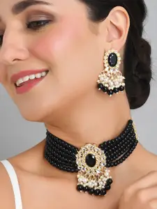 Fida Gold-Plated Black Beaded Layered Choker Necklace & Earrings Jewellery Set