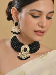 Fida Gold-Plated Black Beaded Layered Choker Necklace & Earrings Jewellery Set