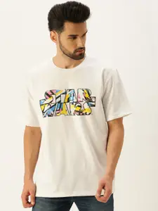 VEIRDO Men White Star Wars Printed Extended Sleeves Loose T-shirt