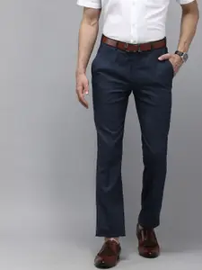 Park Avenue Men Navy Blue Textured Smart Fit Low-Rise Crop Formal Trousers