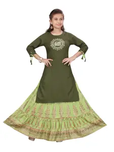 Aarika Girls Green Ethnic Motifs Printed Pure Cotton Kurta with Skirt
