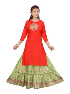 Aarika Girls Orange & Green Embroidered Ready to Wear Lehenga & Blouse With Dupatta