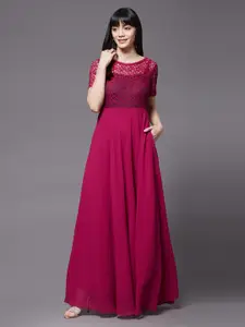 Miss Chase Women Round Neck Half Sleeve Lace Overlaid Maxi Dress