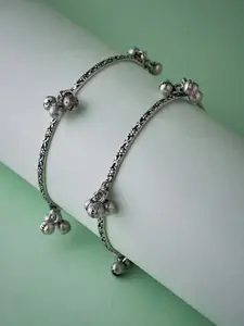 ATIBELLE Set Of 2 Oxidised Silver-Plated Textured Bangles With Ghungroo