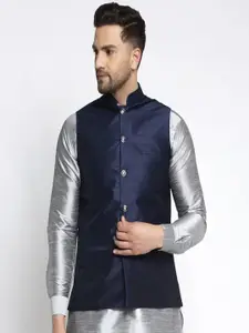 Kaifoo Men Navy Blue Solid Silk Nehru Jackets