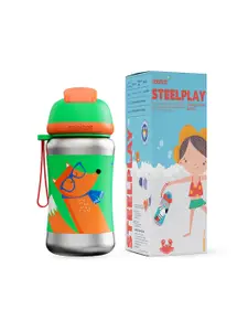 Rabitat Kids Green & Yellow Printed Steel Play Stainless Steel Sipper Water Bottle- 350 ml
