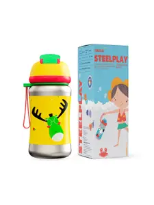 Rabitat Kids Yellow & Green Printed Steel Play Stainless Steel Sipper Water Bottle- 350 ml