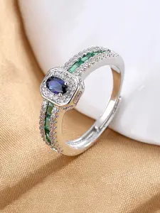 Yellow Chimes Silver-Toned Blue & Green Crystal Glamour Spark Ring