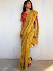 Chidiyaa Yellow & Green Floral Printed Pure Cotton Saree