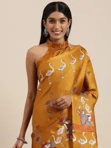 Saree mall Gold-Toned & White Ethnic Motifs Print Art Silk Block Print Saree