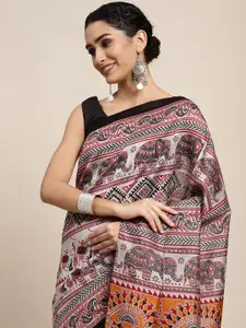 Saree mall Grey & Maroon Warli Art Print Bhagalpuri Sarees