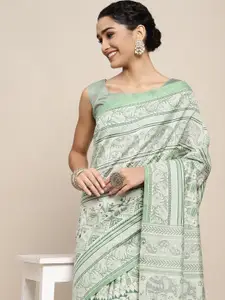 Saree mall Sea Green & White Ethnic Motifs Block Print Sarees