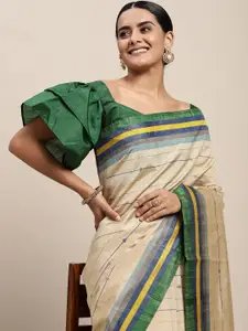 Saree mall Beige & Green Striped Art Silk Block Print Saree