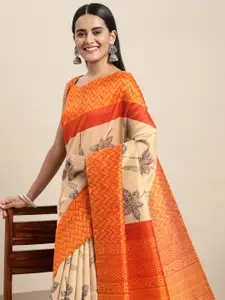 Saree mall Cream-Coloured & Orange Floral Printed Taant Sarees