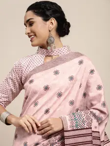 Saree mall Pink & Brown Geometric Print Bhagalpuri Sarees