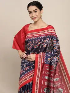 Saree mall Navy Blue & Red Ethnic Motifs Print Bhagalpuri Saree