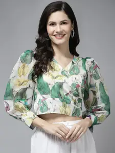 Bhama Couture Cream-Coloured & Green Floral Print Wrap Crop Top