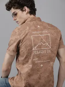 Roadster Men Brown Printed Roll-Up Sleeves Casual Shirt